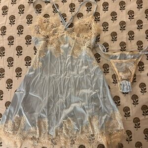 Elegant Lace Trimmed Blue Nightgown Set